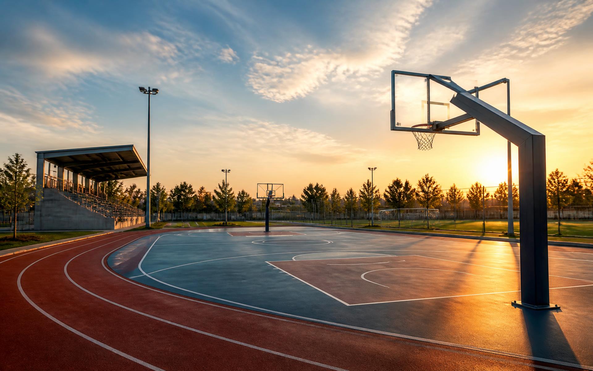 Outdoor multi-sport complex with basketball posts and running track at golden hour