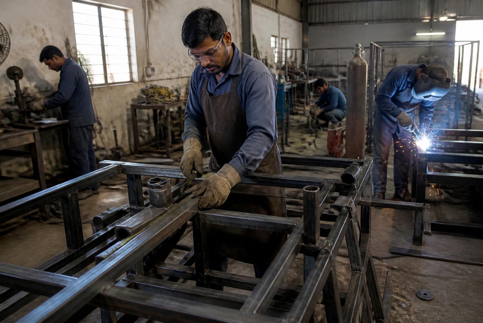 Metalworkers fabricating heavy steel equipment frames in a workshop