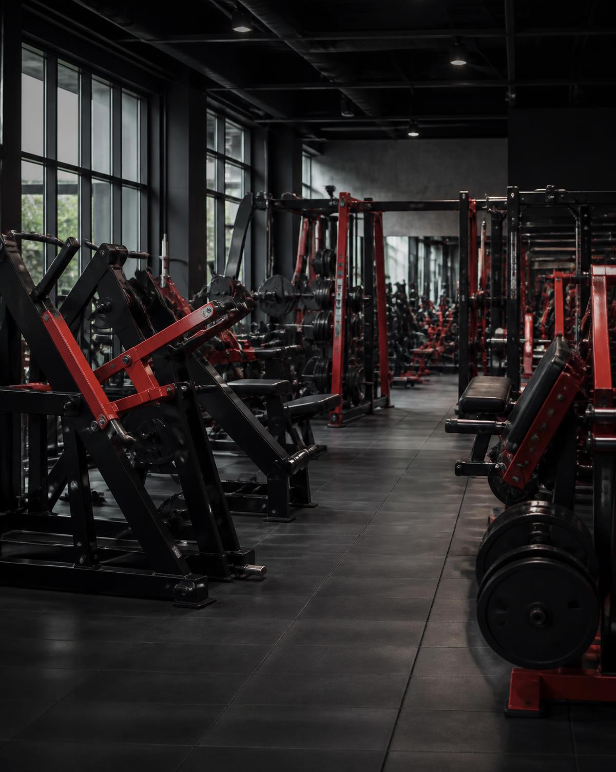 Commercial gym floor lined with steel plate-loaded machines and racks