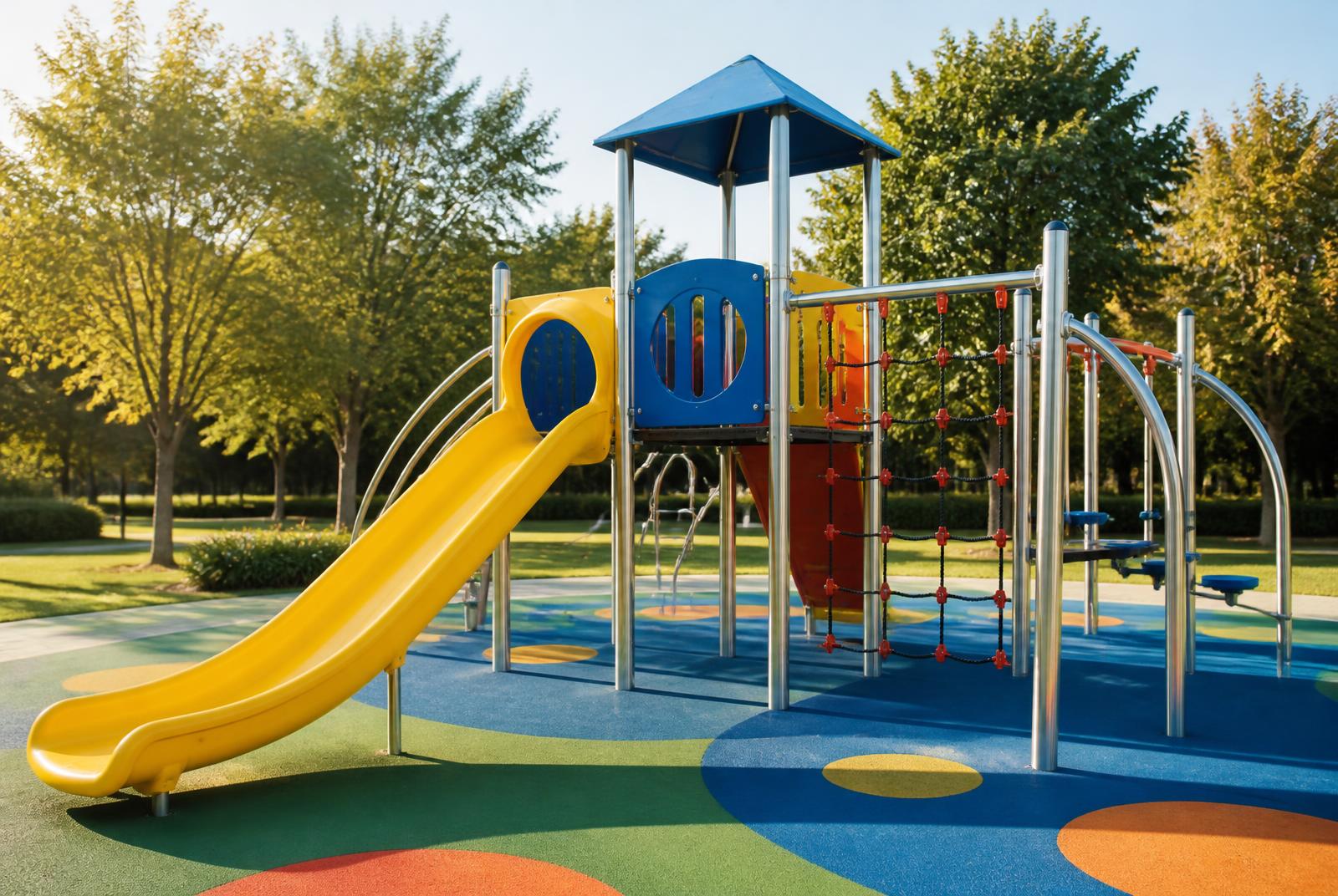 Outdoor children's play area with a steel slide and climbing frame on safety flooring
