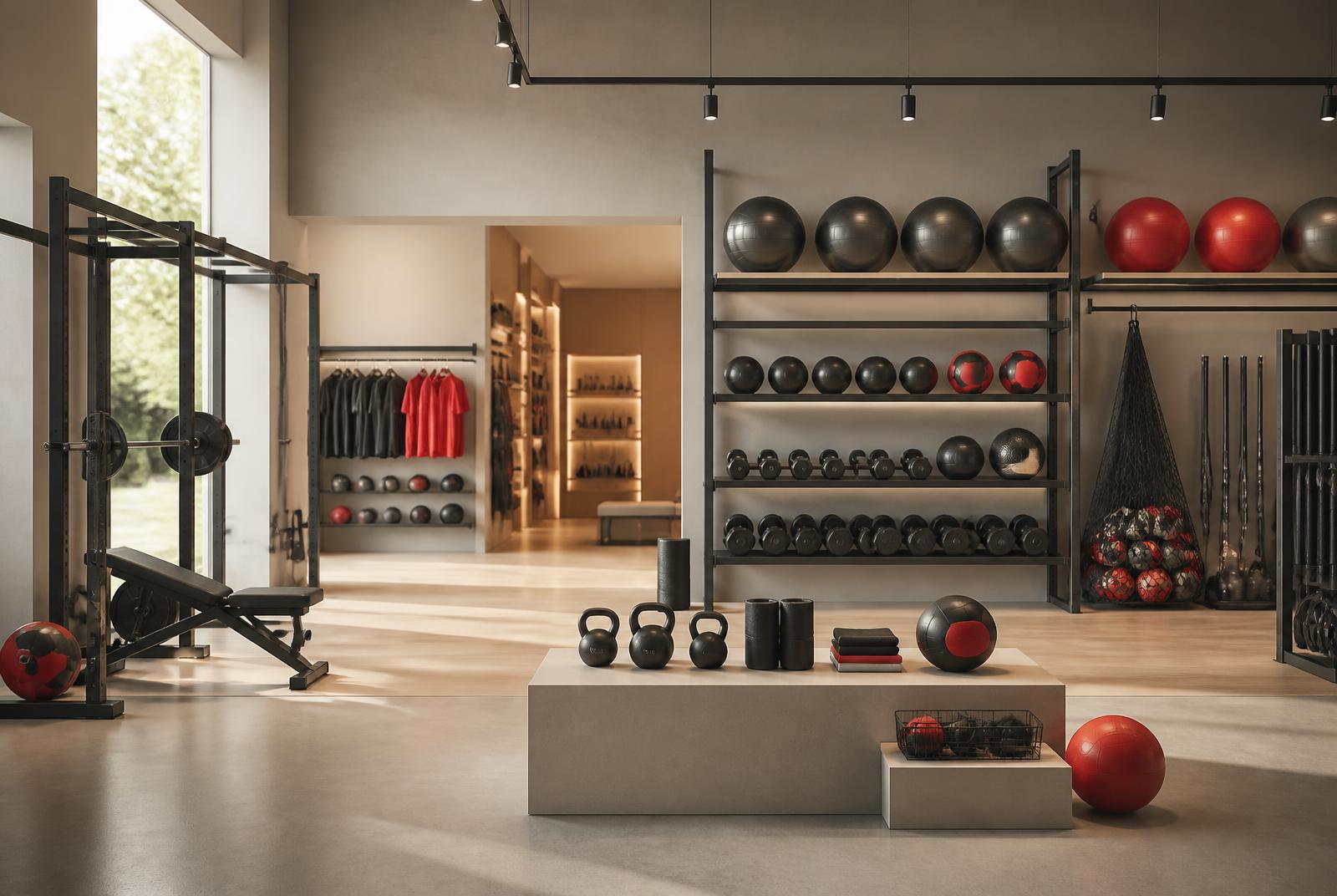 ACHIEVER equipment showroom with racks, benches and sports goods