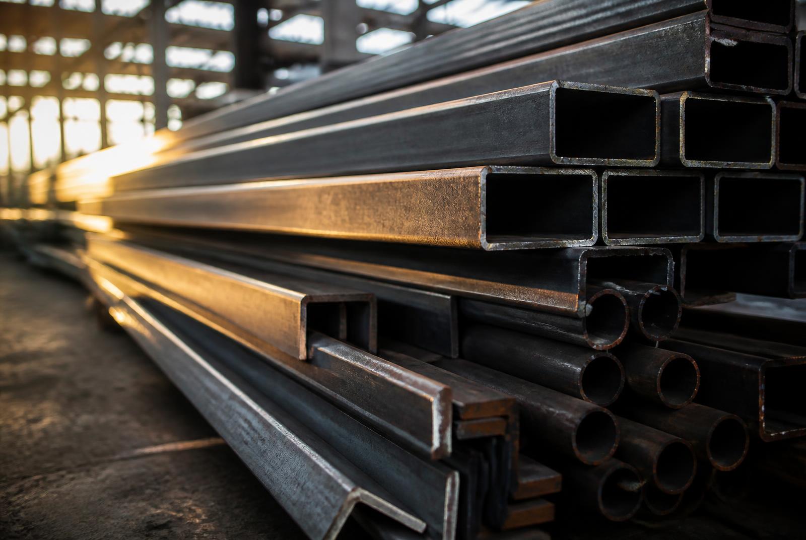 Stacked raw steel tubing and sections in the fabrication warehouse