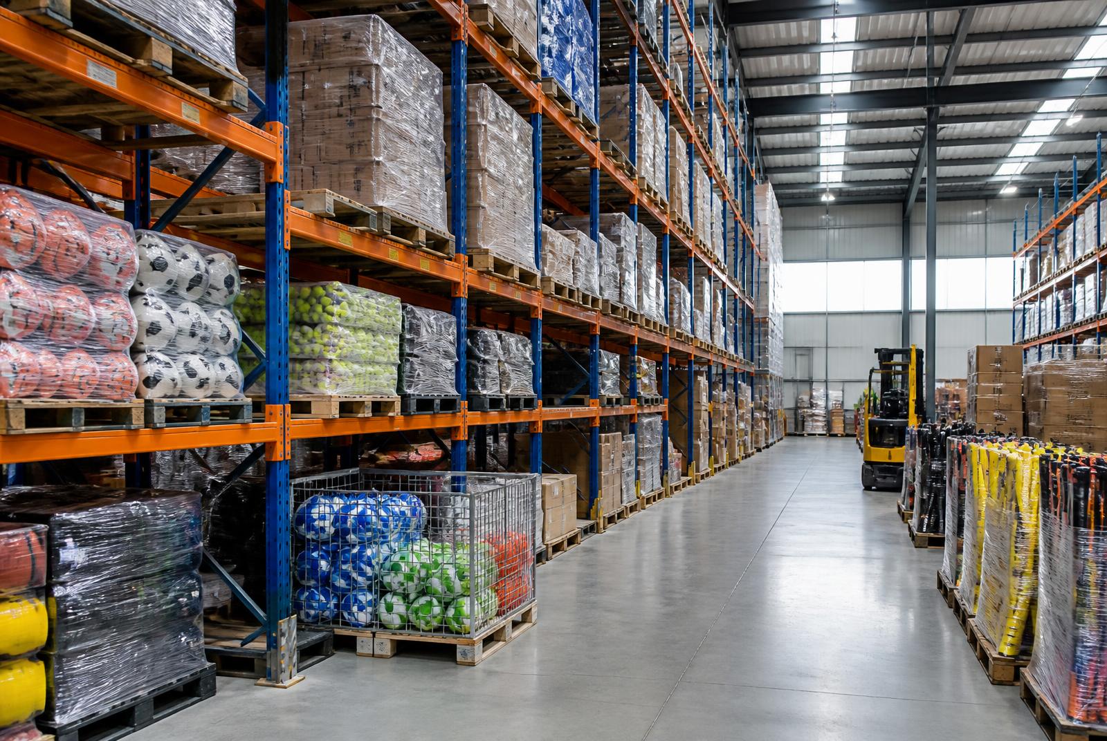 Warehouse aisle stacked with packed sports equipment ready for dispatch